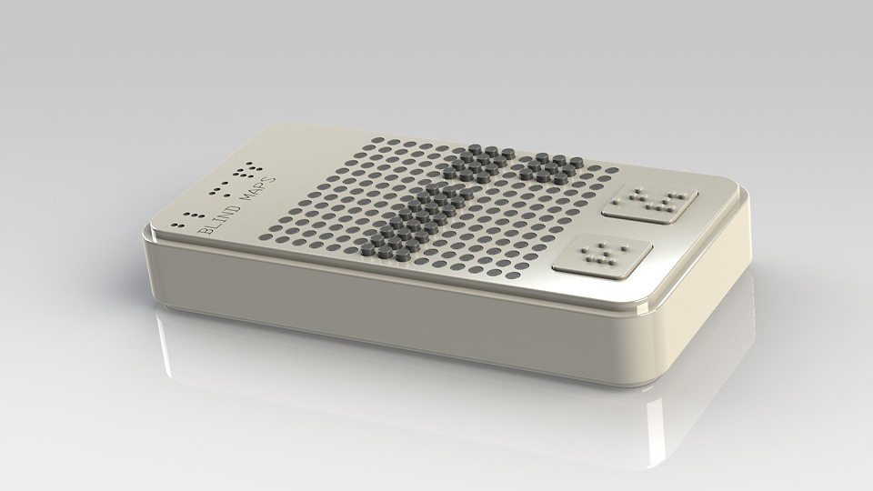 3D rendered view of the first interface conept showing the surface the braile like pins to make a route feelable
